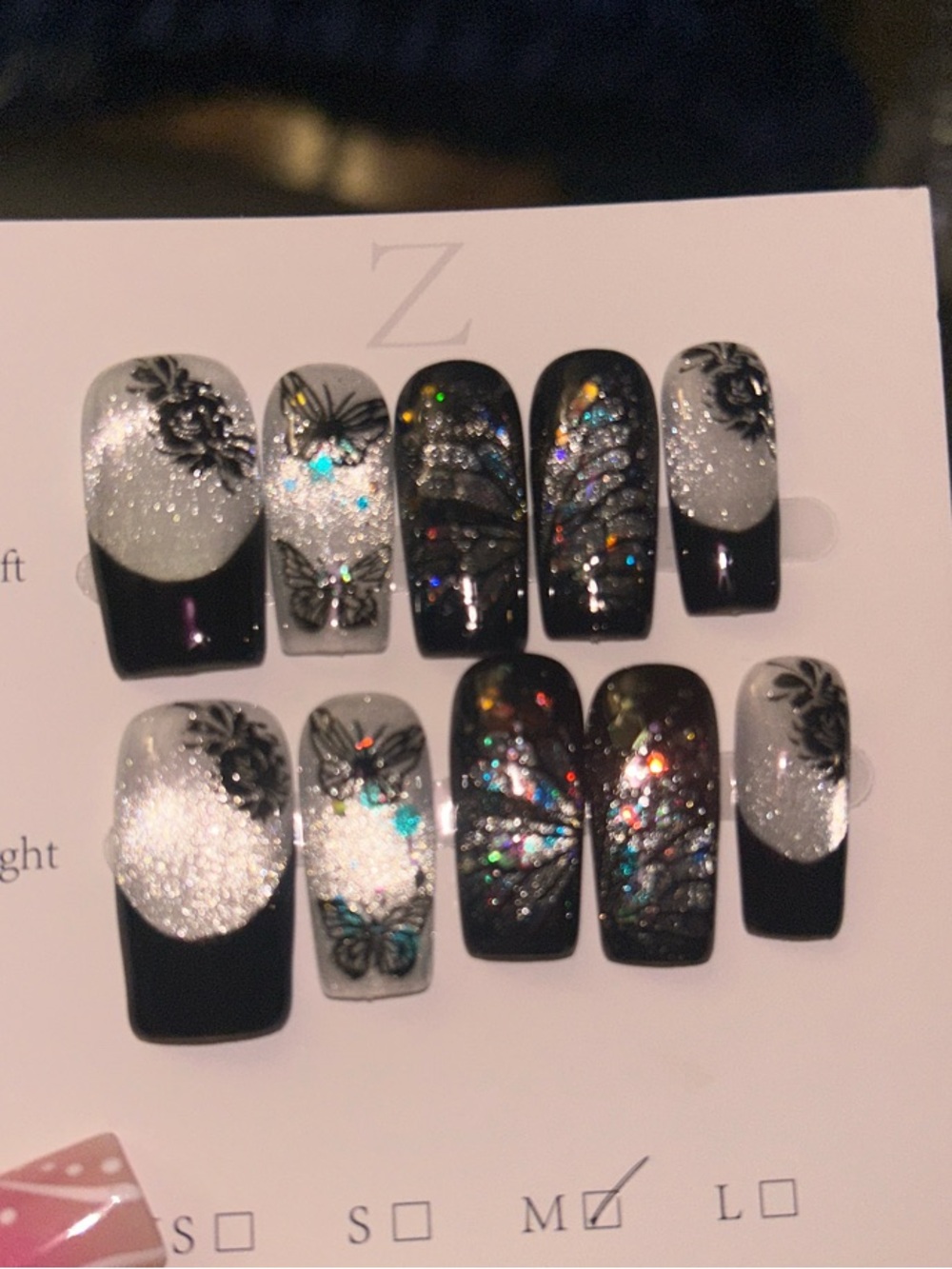 Black & Silver Glitter Press-On Nail Set with Butterfly Accents